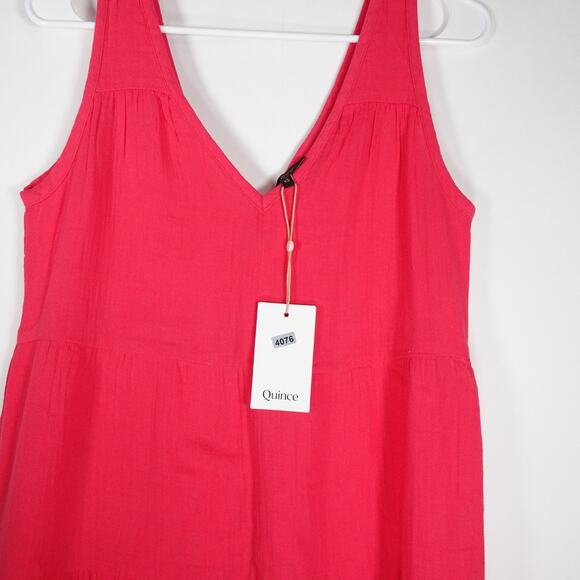 New Quince Hot Raspberry Pink Organic Cotton Gauze Tiered Maxi Dress XS 4076A - Picture 3 of 8